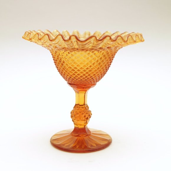 Vintage Amber Glass Pedestal Dish Crimped Ruffle Diamond Point Compote Dish - Picture 2 of 4